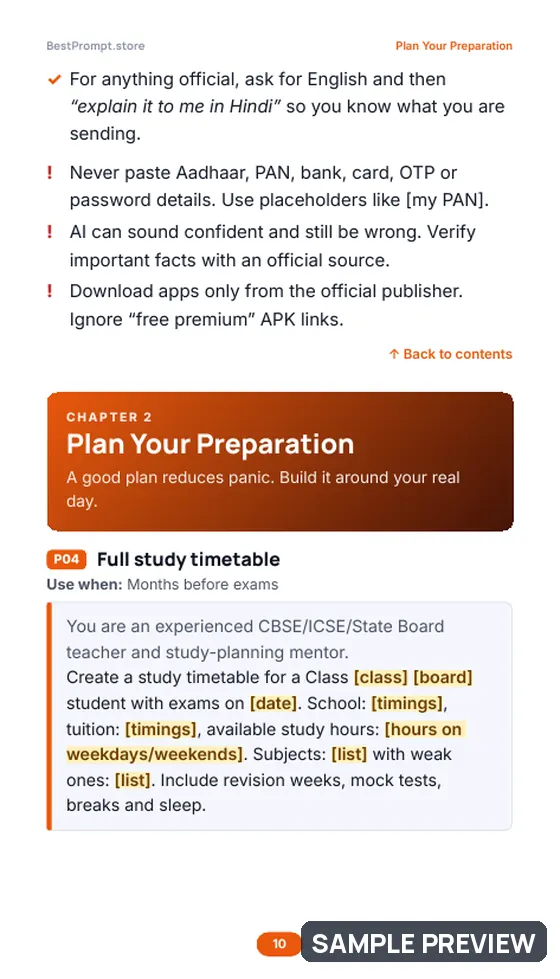Sample page 10 of Board Exam Topper Toolkit (Class 9–12): Prompt pages