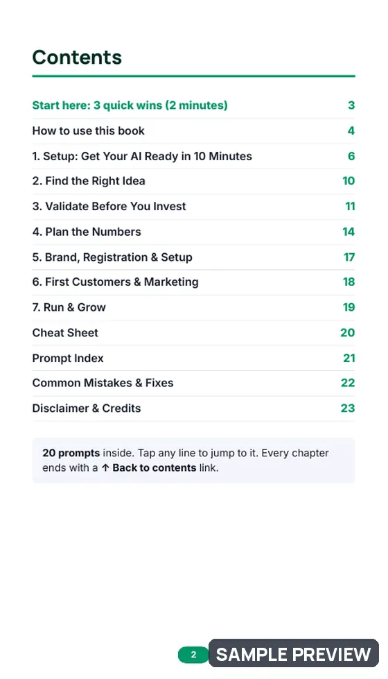 Sample page 2 of Start Your Small Business with AI: Contents