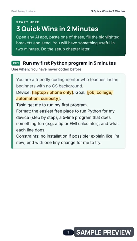 Sample page 3 of Learn Coding with AI: Zero to First Project: Quick wins