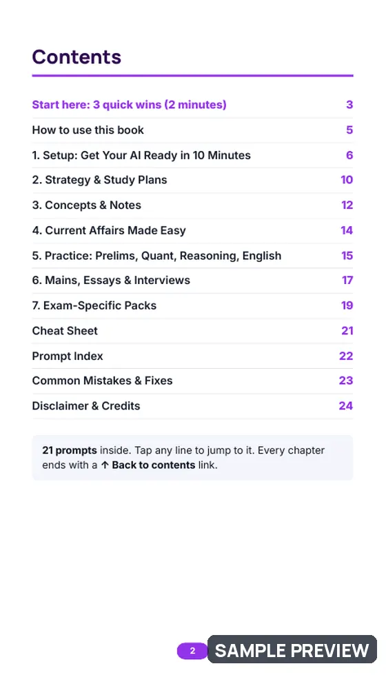 Sample page 2 of Competitive Exam Prep with AI: Contents