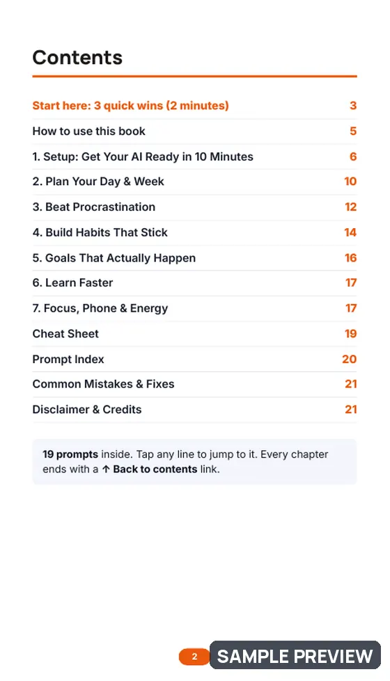 Sample page 2 of Daily Productivity & Habits with AI: Contents