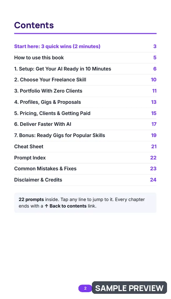 Sample page 2 of Freelancing & Side Income with AI: Contents