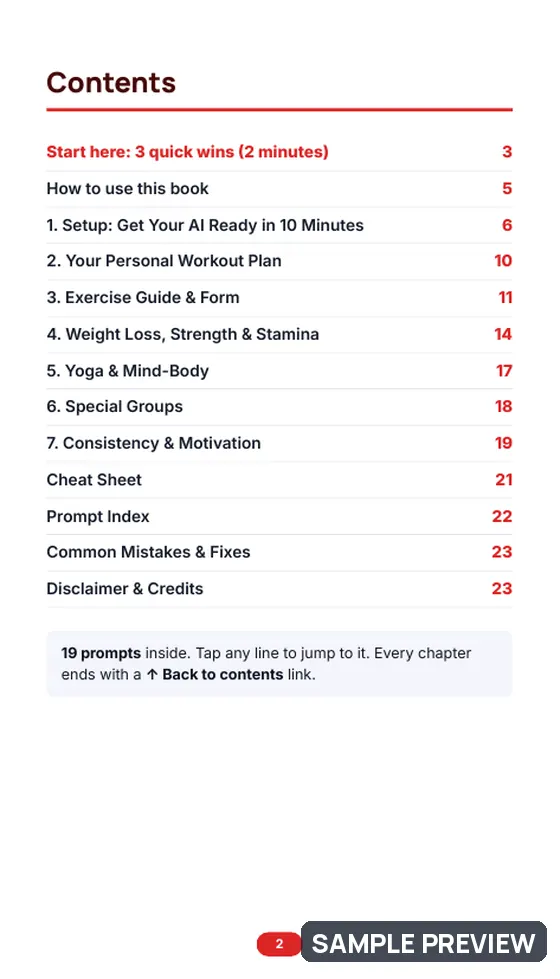 Sample page 2 of Home Workout Plans with AI: Contents