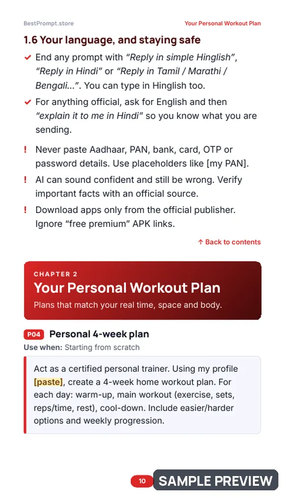 Sample page 10 of Home Workout Plans with AI: Prompt pages