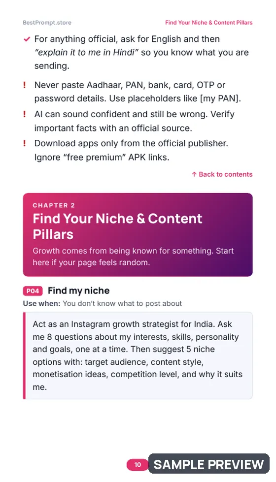Sample page 10 of Instagram Reels & Content Creator Playbook: Prompt pages