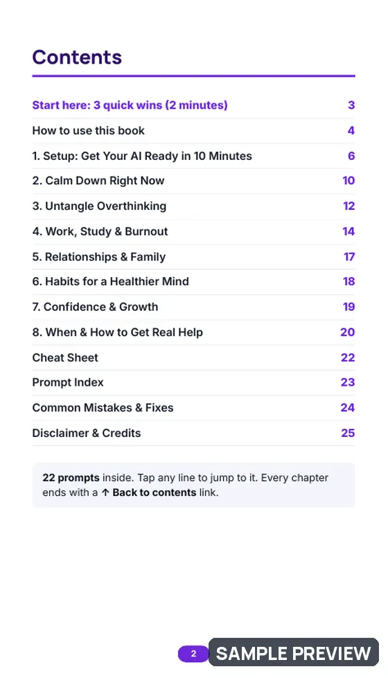 Sample page 2 of Calm Mind: Everyday Mental Wellness with AI: Contents