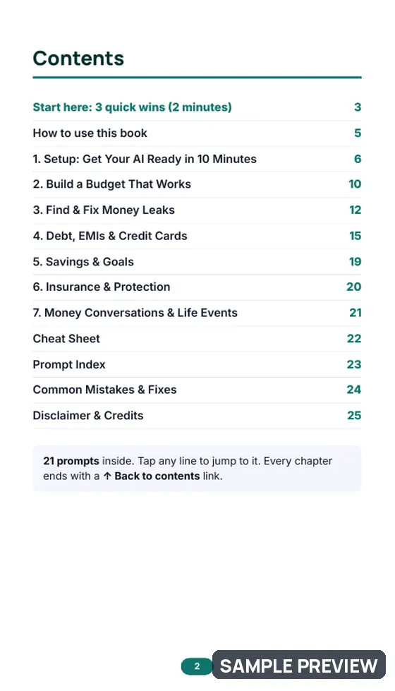 Sample page 2 of Money Smart: Budgeting & Saving with AI: Contents