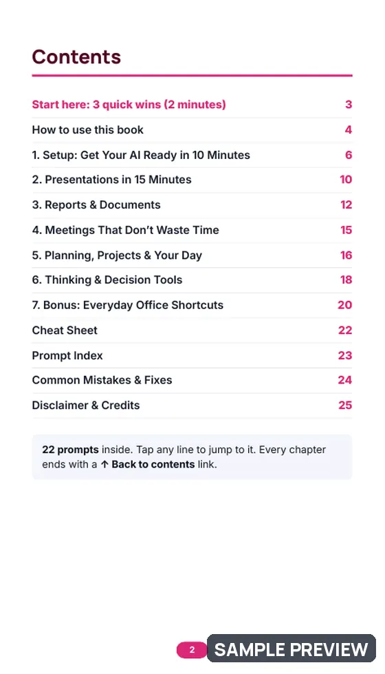Sample page 2 of Work Smarter: Reports, PPTs & Meetings with AI: Contents