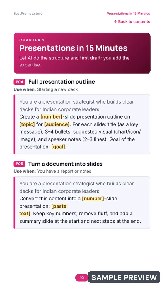 Sample page 10 of Work Smarter: Reports, PPTs & Meetings with AI: Prompt pages