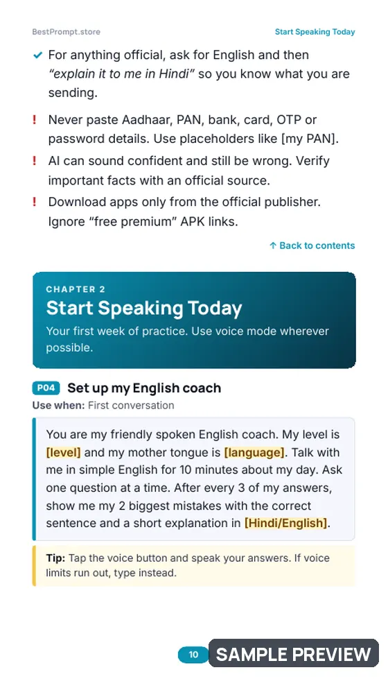 Sample page 10 of Spoken English Coach in Your Pocket: Prompt pages