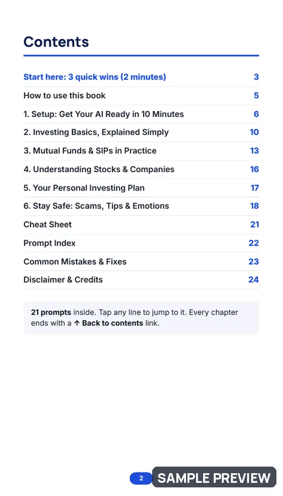 Sample page 2 of Stock Market & Mutual Funds: A Beginner’s AI Guide: Contents
