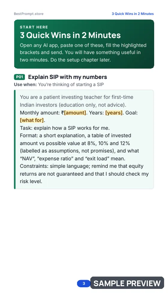 Sample page 3 of Stock Market & Mutual Funds: A Beginner’s AI Guide: Quick wins