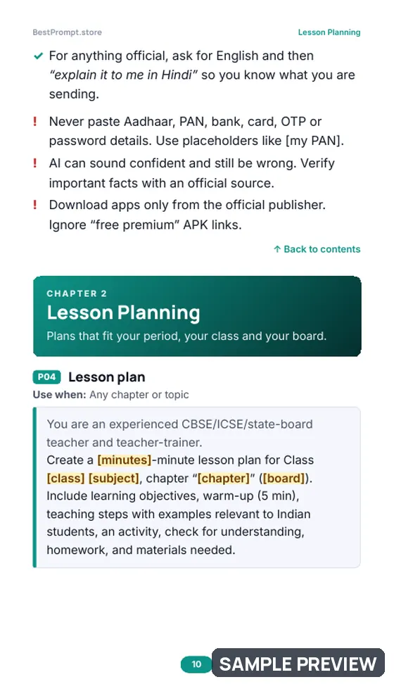 Sample page 10 of AI Toolkit for Teachers & Tutors: Prompt pages