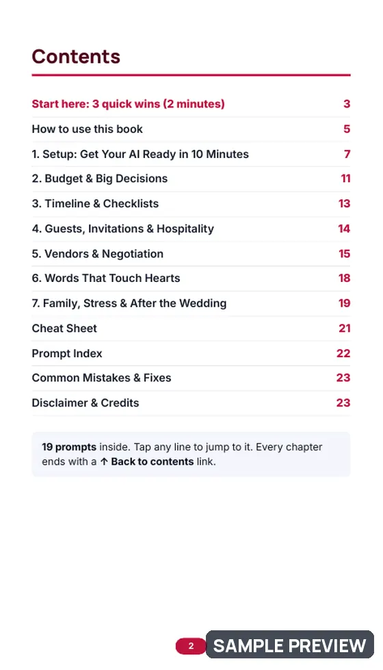 Sample page 2 of Indian Wedding Planner with AI: Contents