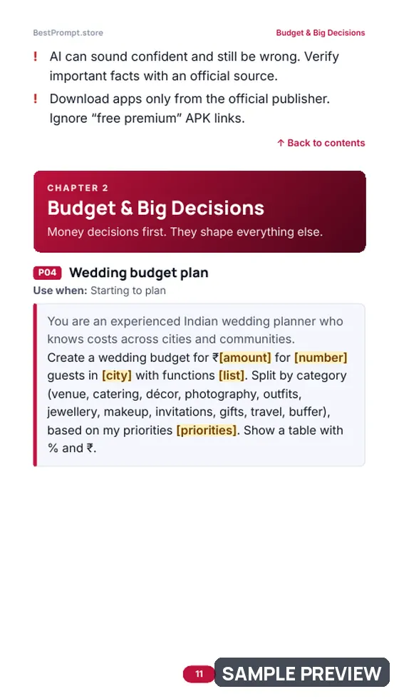 Sample page 11 of Indian Wedding Planner with AI: Prompt pages