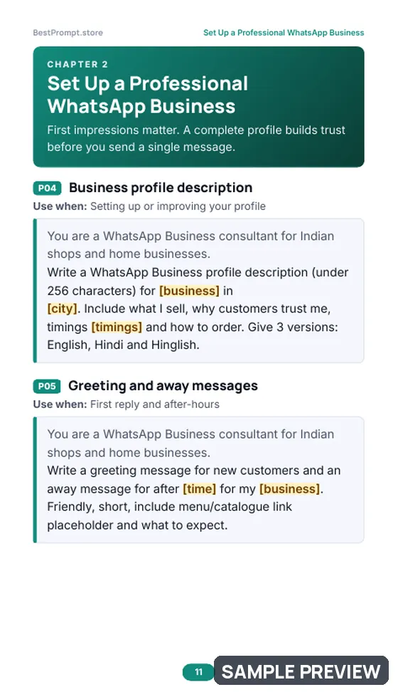 Sample page 11 of WhatsApp Business Growth Kit: Prompt pages
